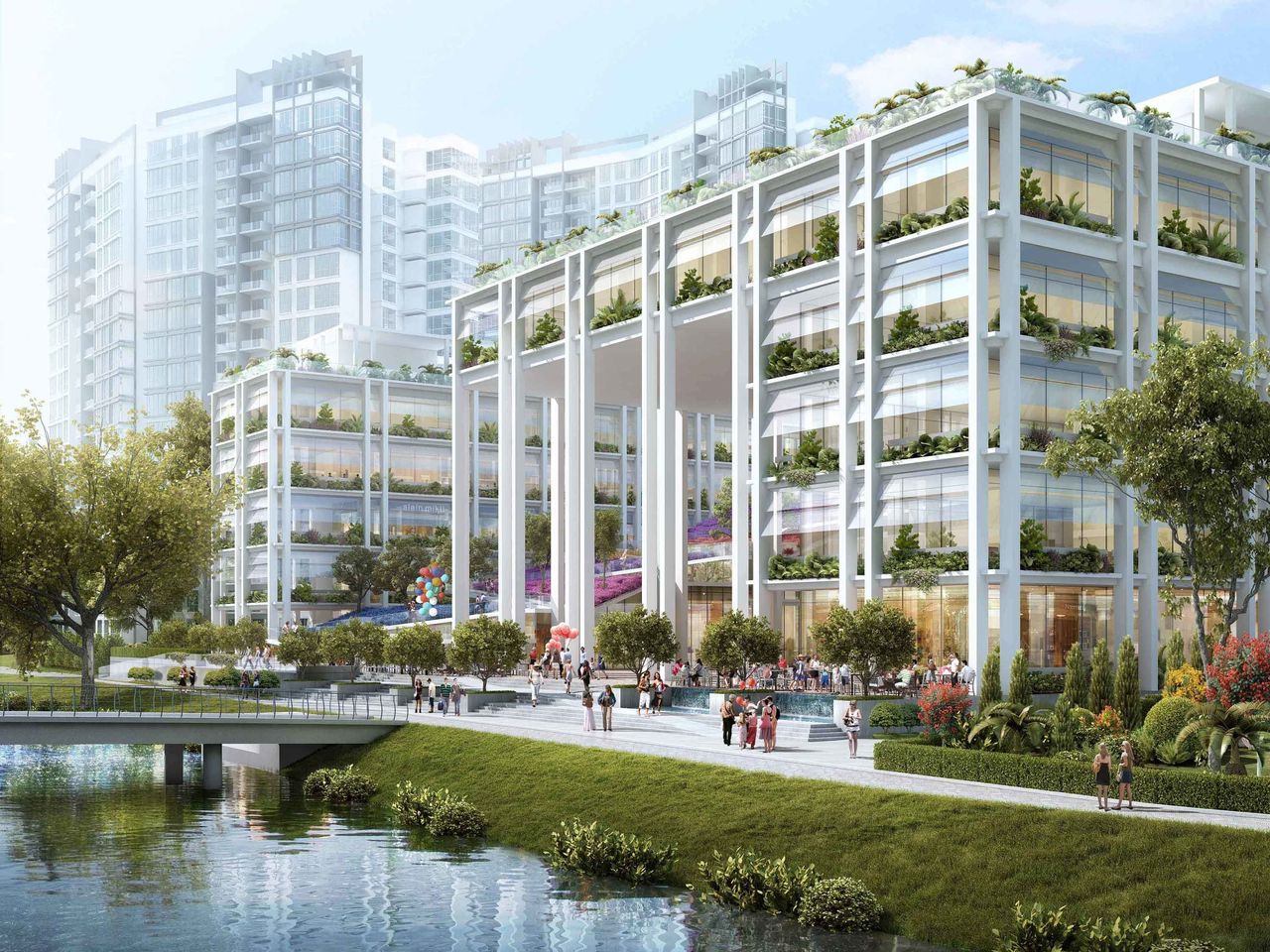 A future Neighbourhood Centre and Polyclinic in Punggol, Singapore, with elevated green spaces.