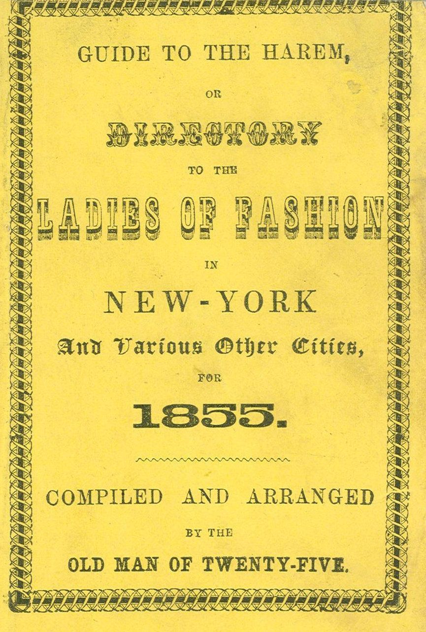 Guide to the Harem or Directory to the Ladies of Fashion in New-York and Various Other Cities for 1855. Ink on Paper Gillen and Co. Museum of Sex Collection.