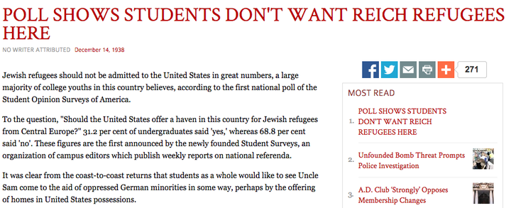 In 1938, college students resoundingly said they did not want the United States to be "a haven ... for Jewish refugees from Central Europe."