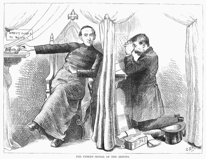 A priest hearing the confession of a government official secretly telegraphs the state secrets thus revealed to Rome in this American cartoon from 1873 by C.S. Reinhart.