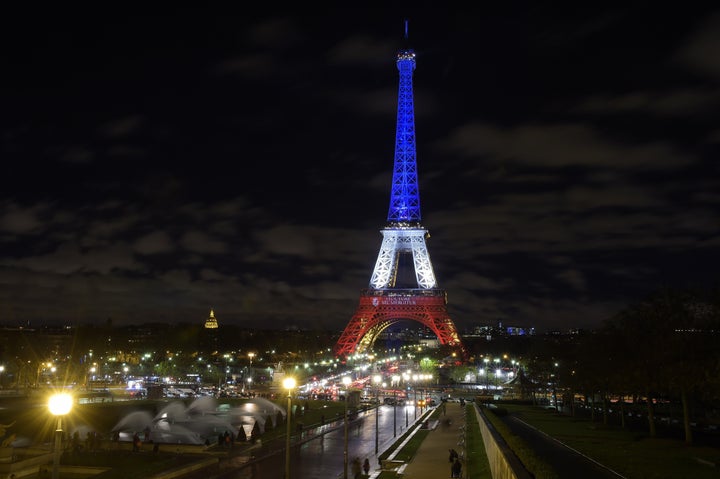 The Eiffel Tower illuminated on Nov. 17, 2015, with the French national colors in tribute to the victims of the Paris terror attacks.