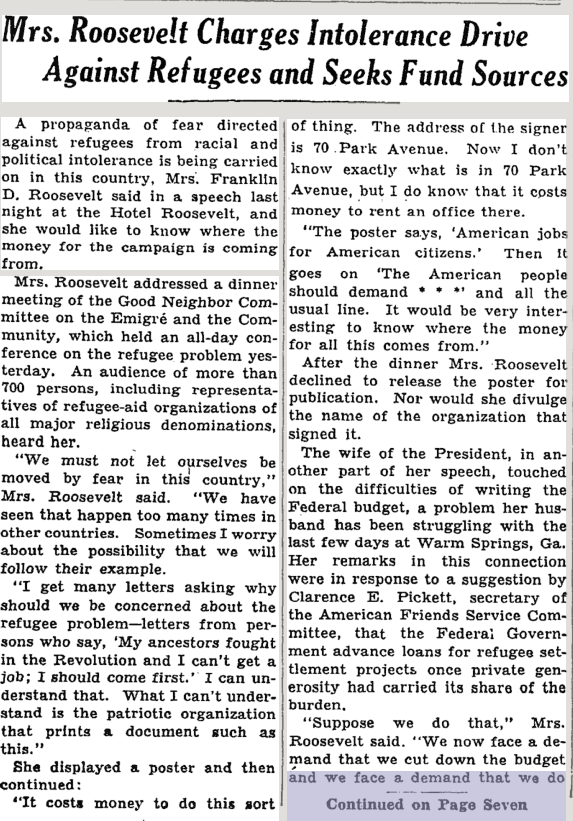 On Nov. 29, 1939, The New York Times wrote about first lady Eleanor Roosevelt's speech cautioning against intolerance toward refugees.