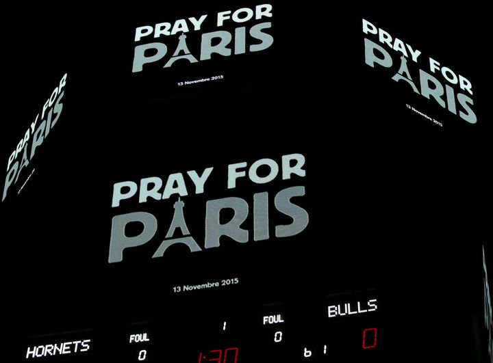'Pray For Paris' is displayed during the game between the Chicago Bulls and the Charlotte Hornets on November 13, 2015 at the United Center in Chicago, Illinois.