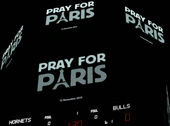 'Pray For Paris' is displayed during the game between the Chicago Bulls and the Charlotte Hornets on November 13, 2015 at the
