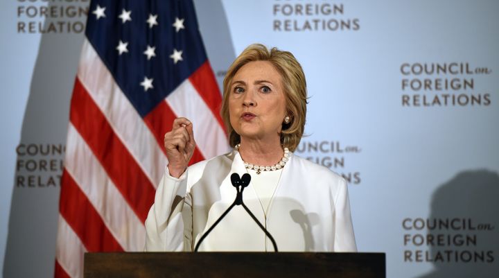 Democratic presidential hopeful Hillary Clinton describes her strategy for defeating the Islamic State group in the wake of the Paris attacks at the Council on Foreign Relations in New York on Nov. 19, 2015.