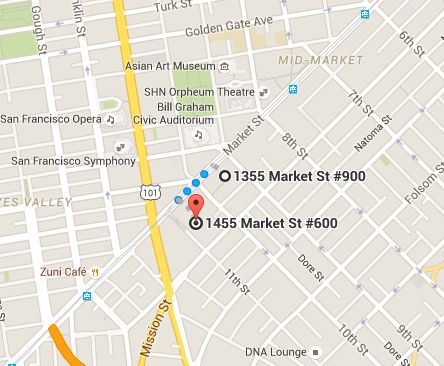 Twitter is located at 1355 Market St. Square is a two-minute walk away, at 1455 Market St.