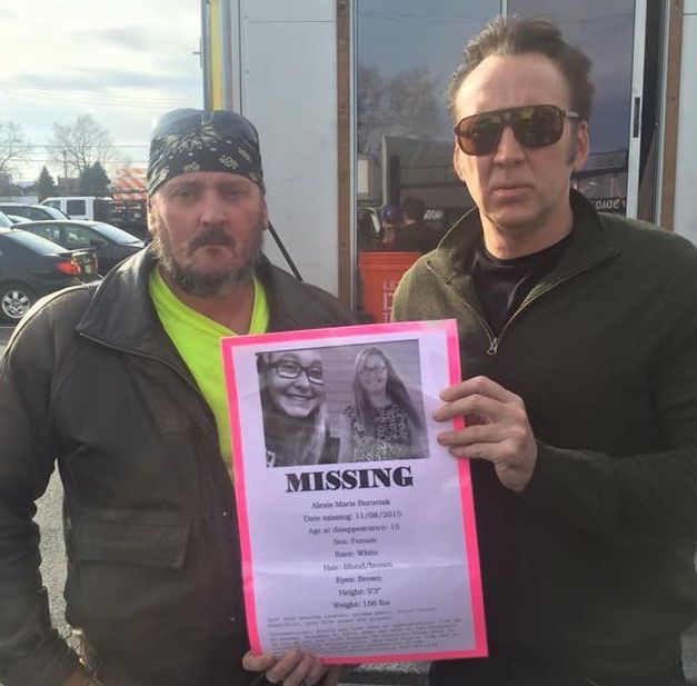 Nicolas Cage posed for a photo with the stepfather of missing teen Alexis Boroviak.