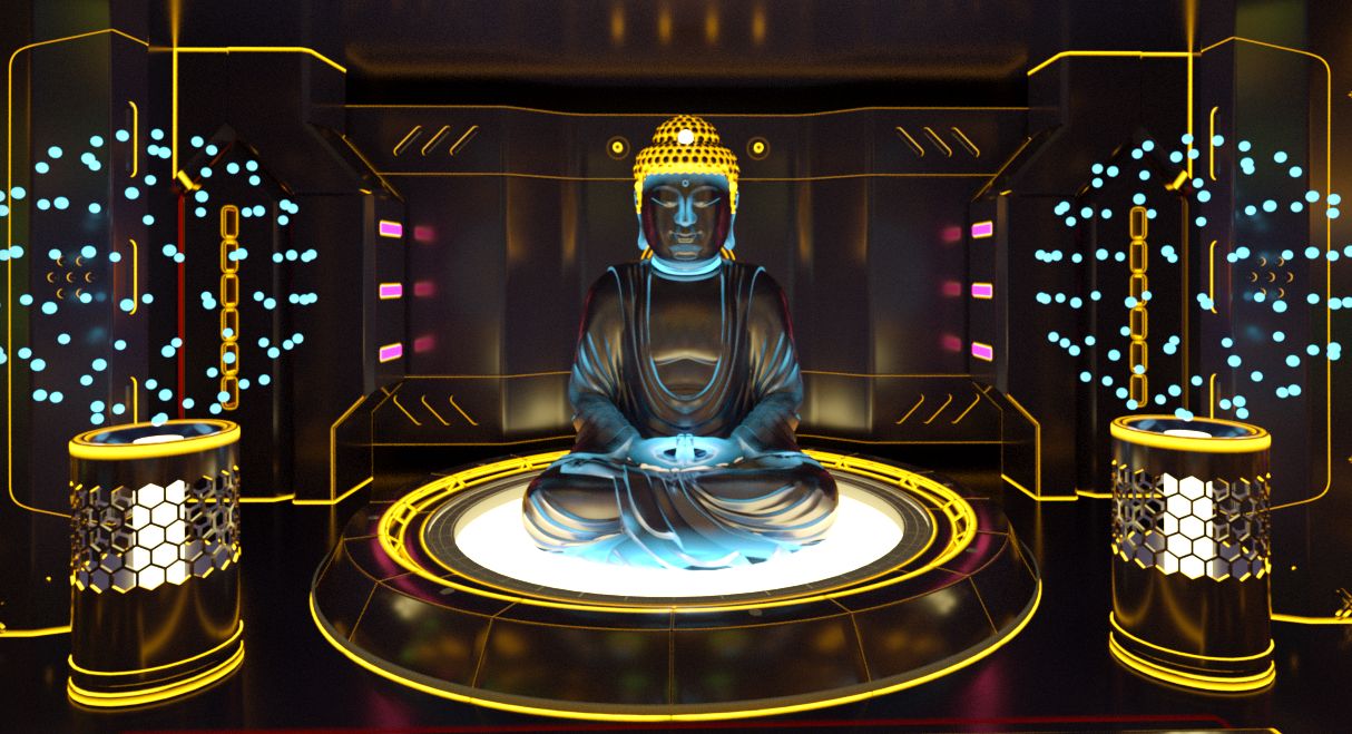 A group of HuffPost editors experienced "Neon Buddha," a virtual environment created by Miksim Loginov.