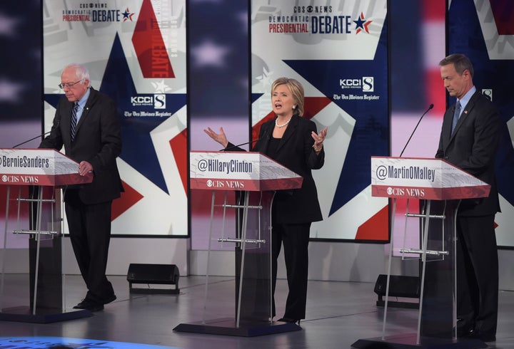 Hillary Clinton speaks during the second Democratic presidential primary debate in the Sheslow Auditorium of Drake Unive