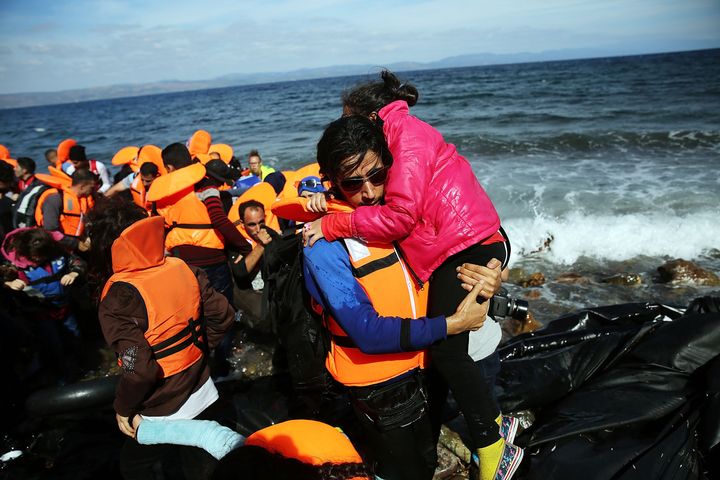 Refugees from Iraq and Syria arriving on the island of Lesbos in Greece on October 14, 2015. 