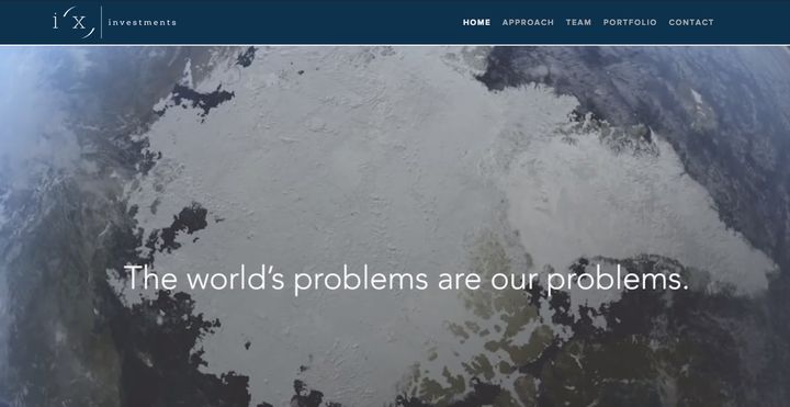 A rotating marquis on the i(x) Investments' website reads 'The world's problems are our problems,' overlaid on a video of a shrinking ice cap.
