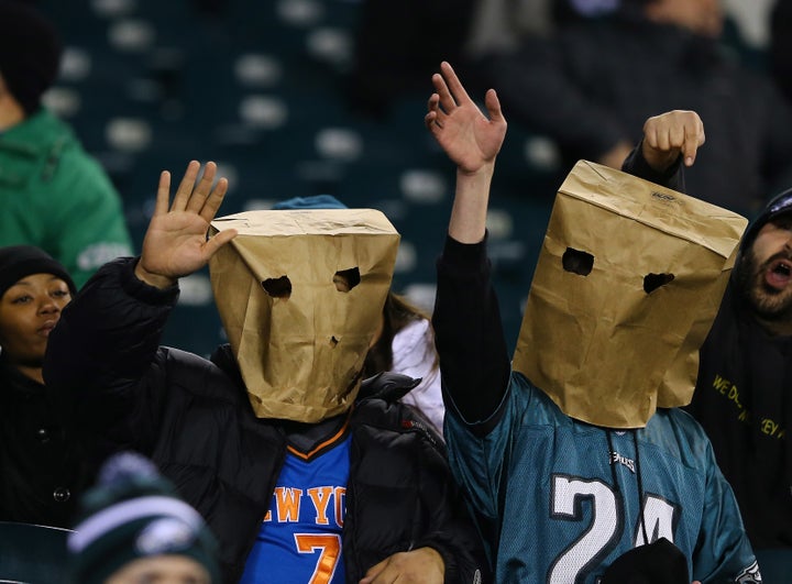 Eagles fans wear paper bags on their heads during a 2012 game against Cincinnati.