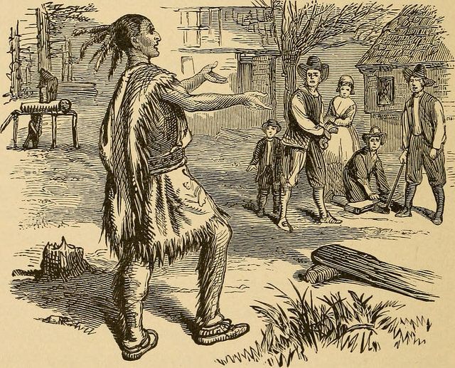 This image from "Young Folks' History of the United States," published in 1903, is typical of depictions of the Thanksgiving story at the time.