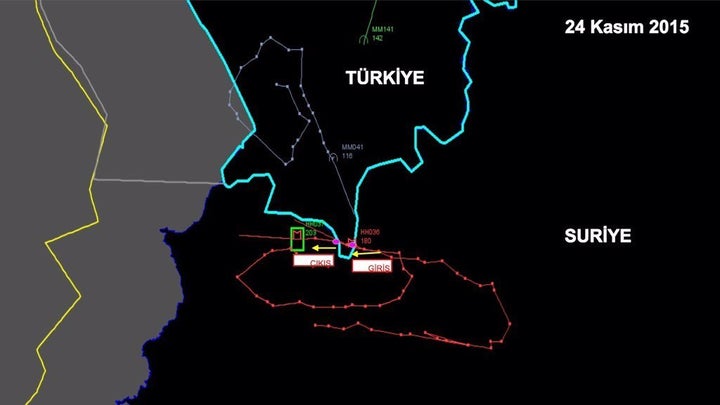 A graphic allegedly showing the flight path of a Russian fighter jet with it violated Turkish airspace on Tuesday.