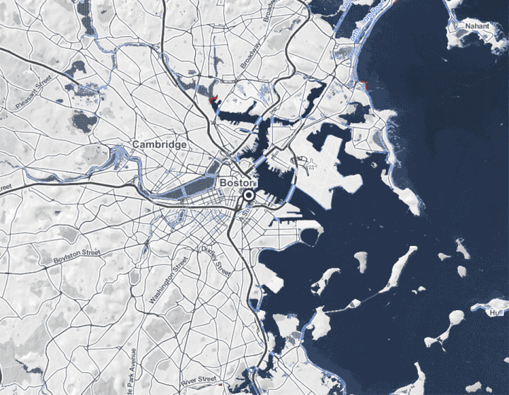 A projection of what present-day Boston would look like under 10 to 20 feet of water, based on the estimated sea level rise last time carbon dioxide levels were as high as they are now (some 3 million years ago).