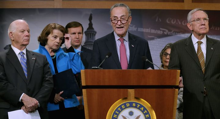 Sen. Chuck Schumer (center) said terrorists are more likely to enter the U.S. through the visa waiver program than disguised as refugees.
