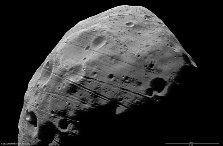An ESA/NASA image showing the surface of the moon Phobos, obtained on August 21, 2008.