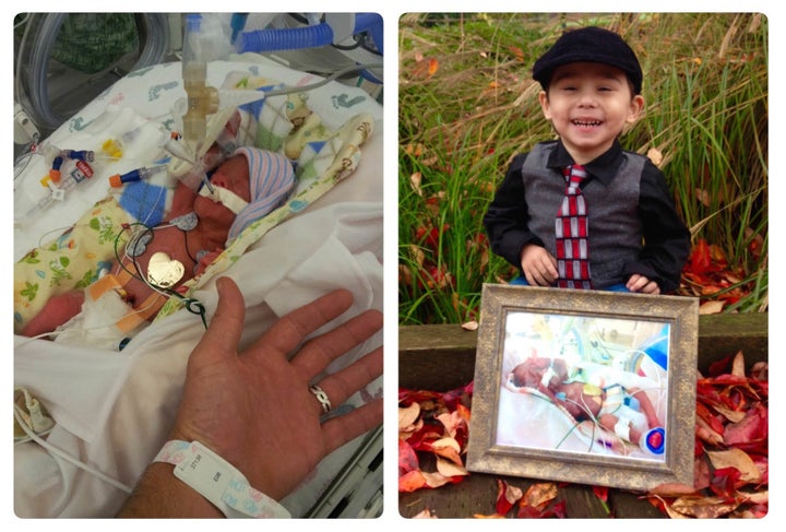 Elijah in the NICU and today.