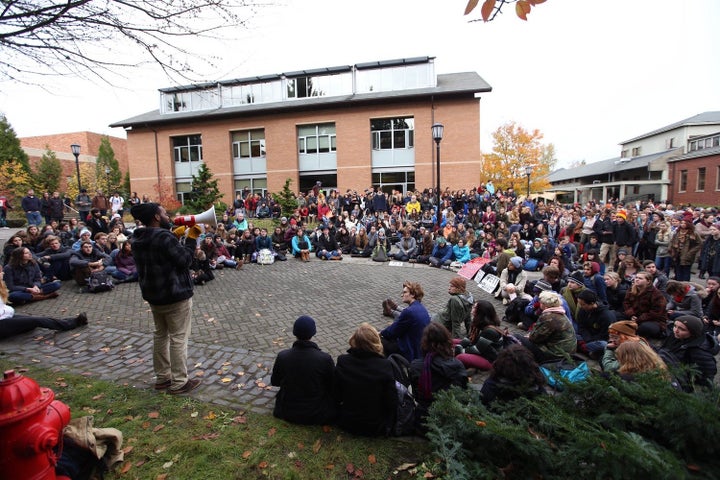 Students at Lewis & Clark College in Portland, Oregon, gather in protest after a series of racially charges incidents on