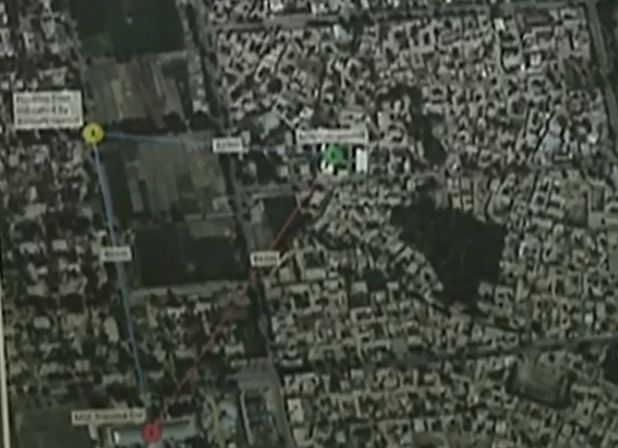 The green point shows the intended target, the yellow point shows the airfield identified by the malfunctioning GPS, and the red point shows the Doctors Without Borders hospital