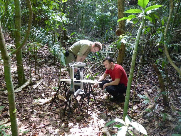 Researchers inspect the Y-shaped apparatus.