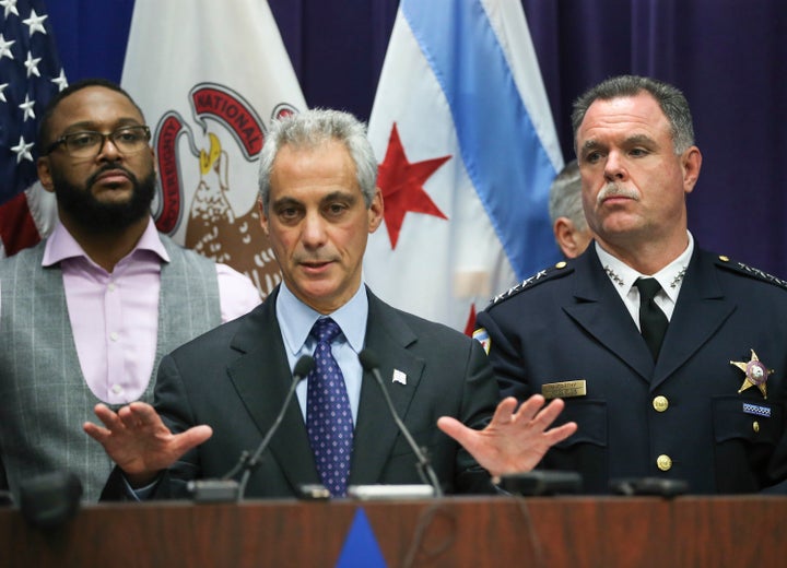 Mayor Rahm Emanuel and Chicago Police Supt. Garry McCarthy, hold a news conference at Chicago Police Headquarters in Chicago on Tuesday. After the the news conference, they released the 2014 video of Laquan McDonald being shot and killed by Chicago Police officer Jason Van Dyke.