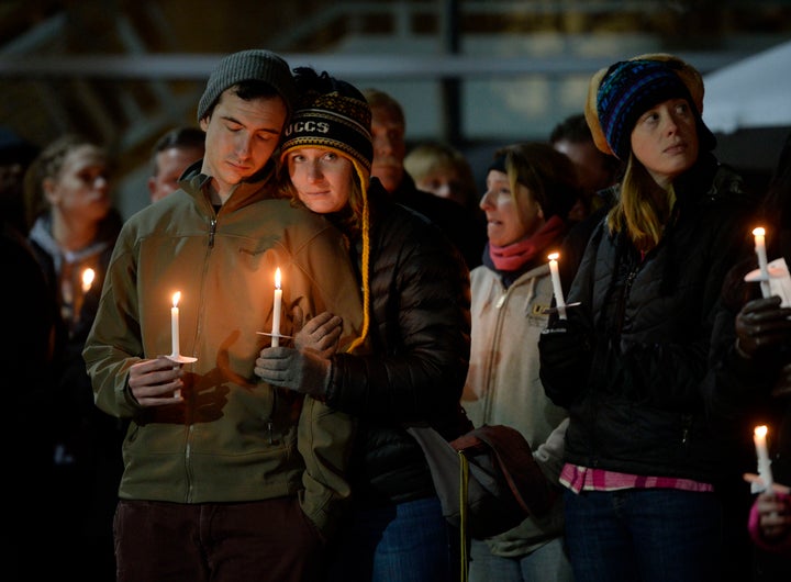 The University of Colorado at Colorado Springs held a candlelight vigil at the Gallogy Events Center November 28, 2015 for UCCS police officer Garrett Swasey.