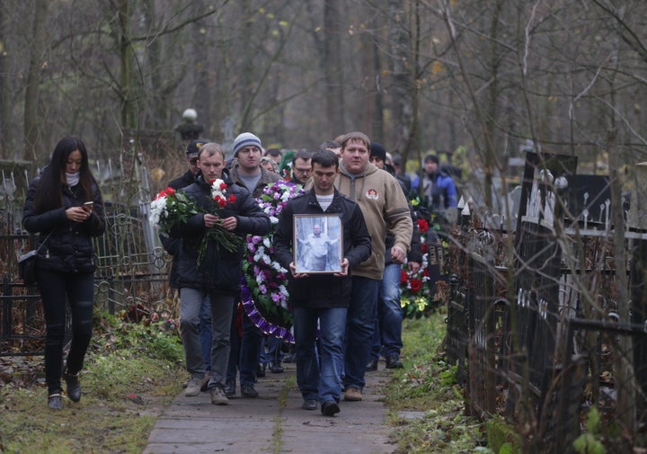 A funeral for Metrojet victim Timur Miller in St. Petersburg.