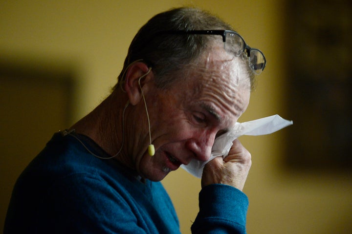 Co-pastor Scott Dontanville sheds tears while talking about Officer Garrett Swasey at Hope Chapel on Nov. 29, 2015 in Colorad