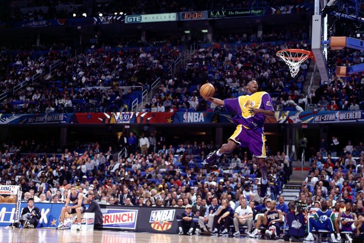 Bryant goes up for one of the dunks that won him first place in the NBA All-Star Slam Dunk Contest at Gund Arena on Feb. 8, 1997, in Cleveland, Ohio.
