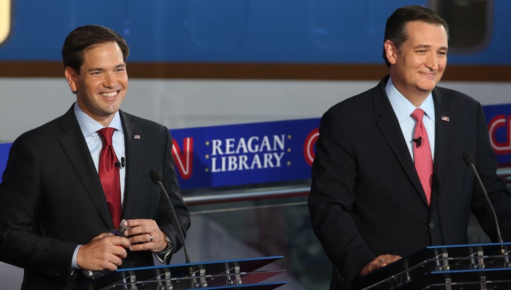 Republican presidential candidates Sen. Marco Rubio, left, and Sen. Ted Cruz during the September debate at the Reagan L