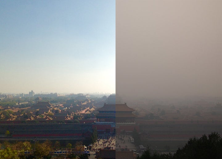 Beijing's Forbidden City on clear and smog-filled days.