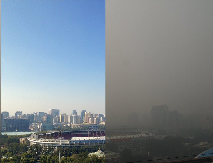 Beijing's Worker's Stadium on clear and smoggy days.