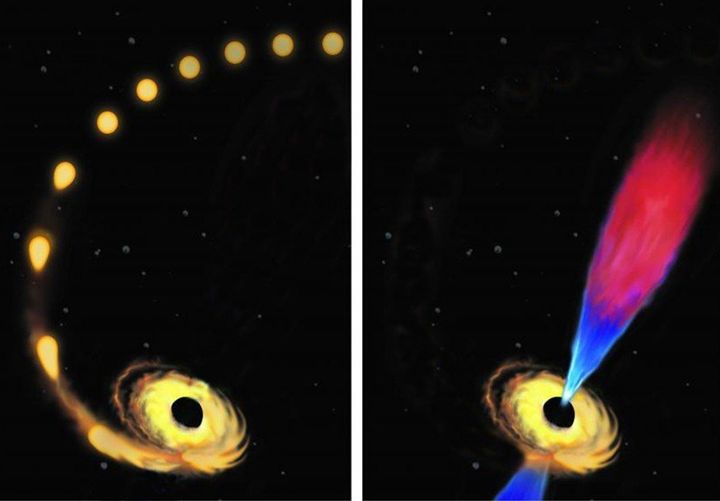 From left, an artist's conception of a star being drawn toward a black hole and destroyed. The black hole later emits a jet of plasma composed of the debris left from the star's destruction.