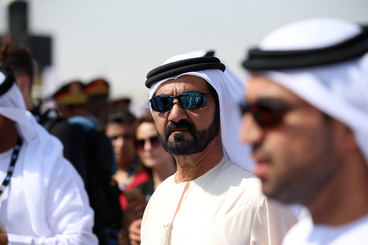 Sheikh Mohammed bin Rashid Al Maktoum, the ruler of Dubai, center, tours the 14th Dubai Air Show at Dubai World Central on its opening day in Dubai, United Arab Emirates, on Sunday, Nov. 8, 2015.