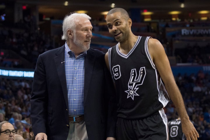 Gregg Popovich with Tony Parker during the Spurs' clash with Oklahoma City Thunder in October.