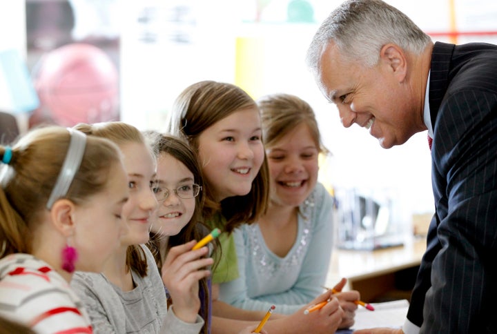 Tony Tata, then superintendent of the Wake County Public School System, talks to a group of students in 2012.