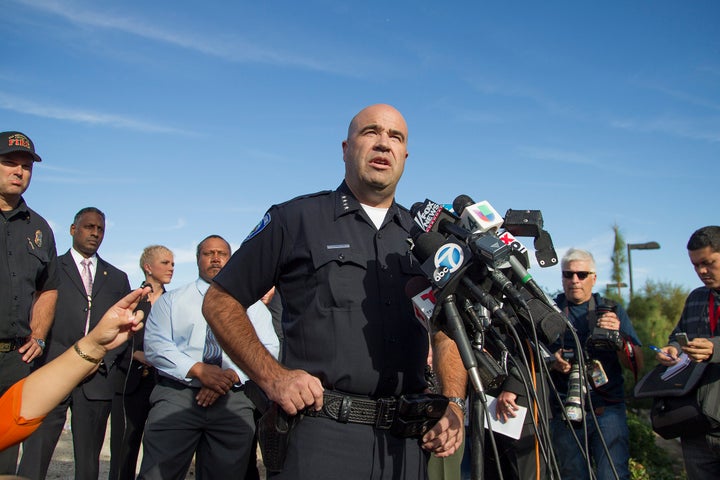 San Bernardino Police Chief Jerod Burguan speaks to the media after the mass shooting.