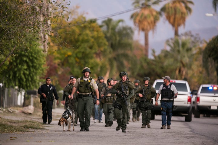 A search team goes door-to-door looking for the third suspect in a residential neighborhood after the mass shooting in San Bernardino, California. After reports said the attackers were Muslim, Islamic groups were forced to yet again defend their peaceful religion.