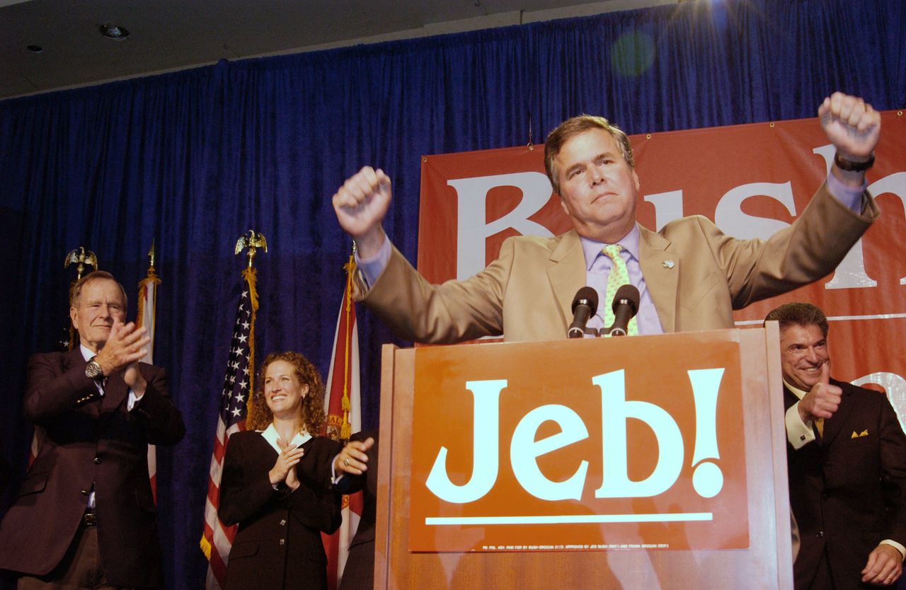 Jeb Bush celebrates his re-election as Florida governor in 2002.