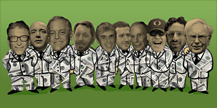 From left, Bill Gates, Jeff Bezos, David Koch, Larry Ellison, Larry Page, Mark Zuckerberg, Michael Bloomberg, Phil Knight, Sergey Brin and Warren Buffett -- 10 of the 20 richest people in the U.S.