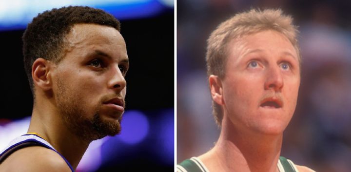 Stephen Curry (left) and Larry Bird (right) are two of the greatest three-point shooters in league history.