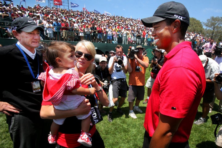 Tiger Woods greeting then-wife Elin Nordegren and their daughter Sam after winning the 108th U.S. Open at Torrey Pines Golf in 2008.