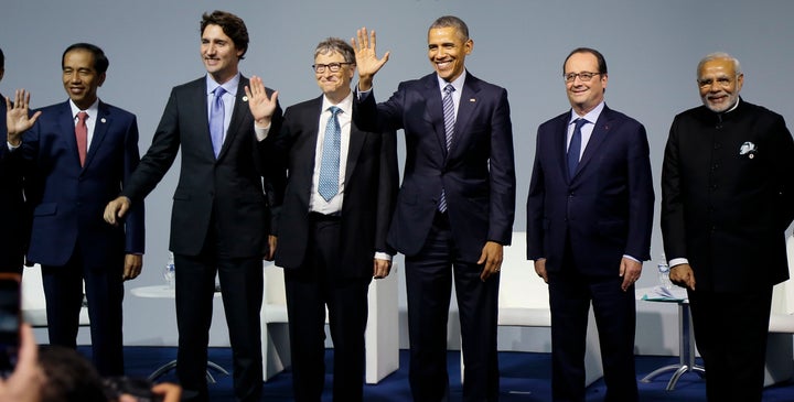 President of Indonesia Joko Widodo, Canadian Prime Minister Justin Trudeau, Microsoft CEO Bill Gates, US President Barack Obama, French President Francois Hollande and Indian Prime Minister Narendra Modi pose for a family photo during the 'Mission Innovation - Accelerating the Clean Energy Revolution' meeting on the opening day of the World Climate Change Conference 2015 (COP21) at Le Bourget, near Paris, on November 30, 2015. A HuffPost/YouGov survey finds most Americans want to see their country lead the way on fighting climate change.