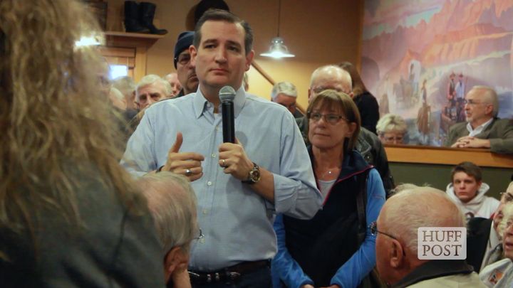 Sen. Ted Cruz (R-Texas) addresses the crowd at a Pizza Ranch in Newton, Iowa, on Nov. 29. Cruz has been visiting many Iowa counties his competitors have not, even working over the Thanksgiving weekend to drum up support before the state's caucuses.