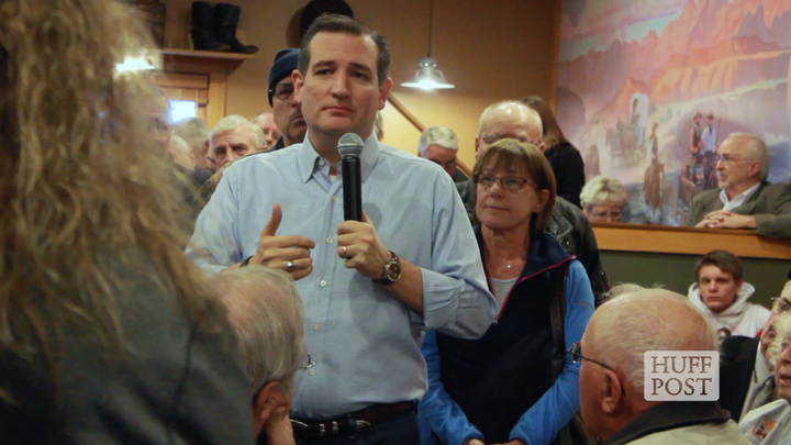 Sen. Ted Cruz (R-Texas) addresses the crowd at a Pizza Ranch in Newton, Iowa, on Nov. 29. Cruz has been visiting many Iowa counties his competitors have not, even working over the Thanksgiving weekend to drum up support before the state's caucuses.