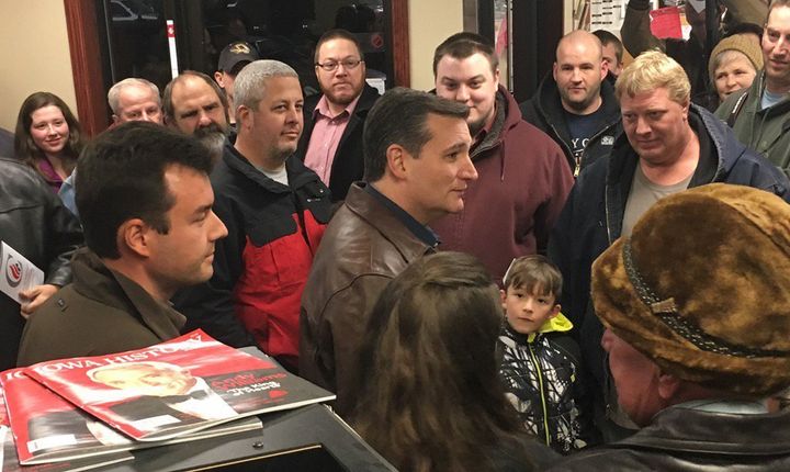 Sen. Ted Cruz (R-Texas) visits with voters at a Casey's convenience store in Chariton, Iowa, on Nov. 28.