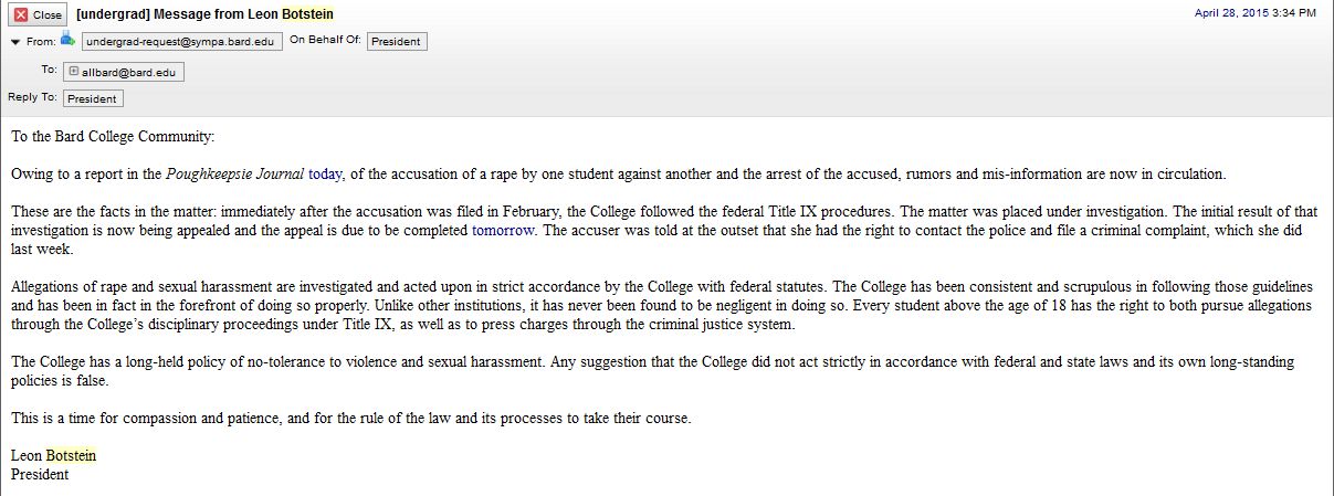 The email sent to the Bard College campus after Sam Ketchum's arrest. 