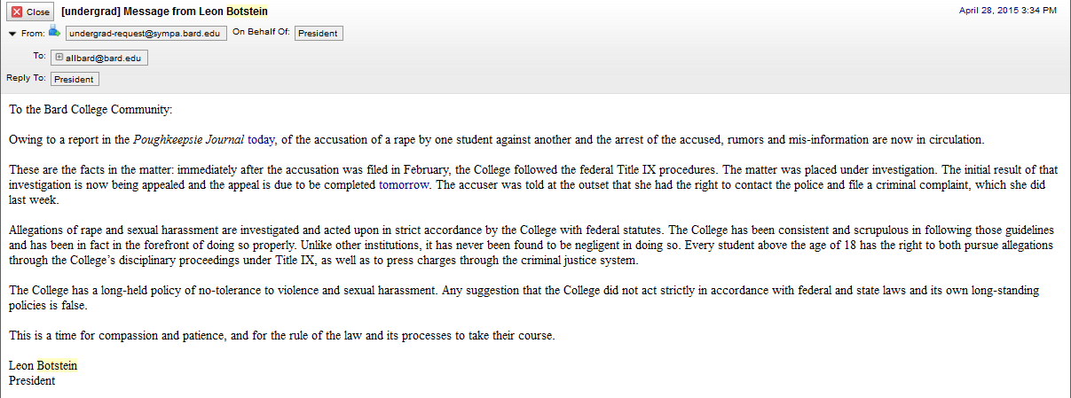 The email sent to the Bard College campus after Sam Ketchum's arrest.