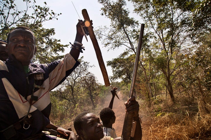 Anti-Balaka on the road out of Bossangoa after attacks on the town.